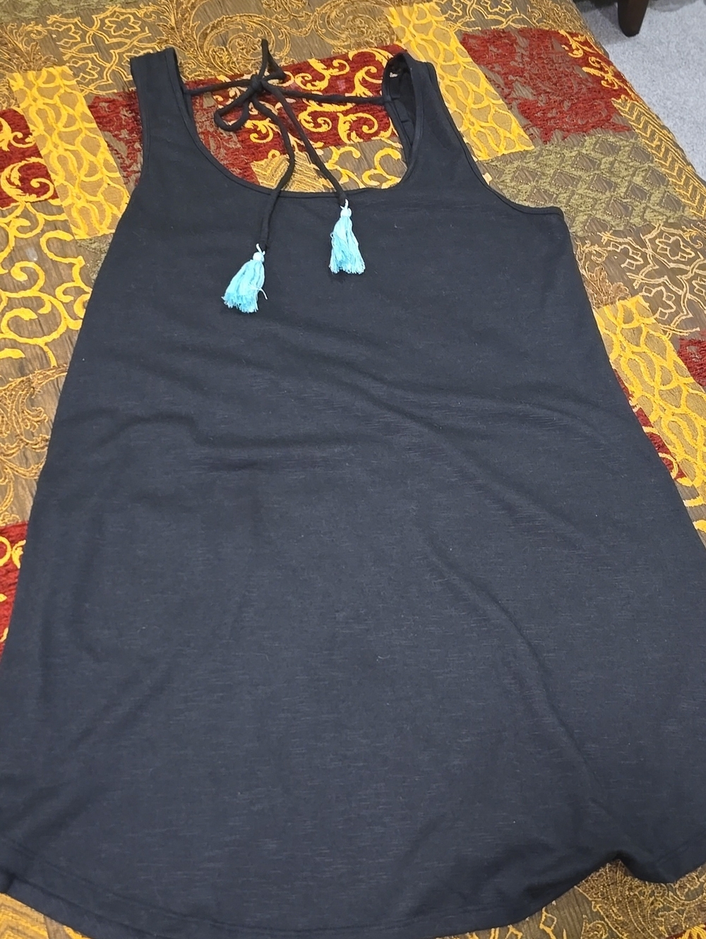 Women's Black Swimsuit Coverup with Blue Tassel Tie